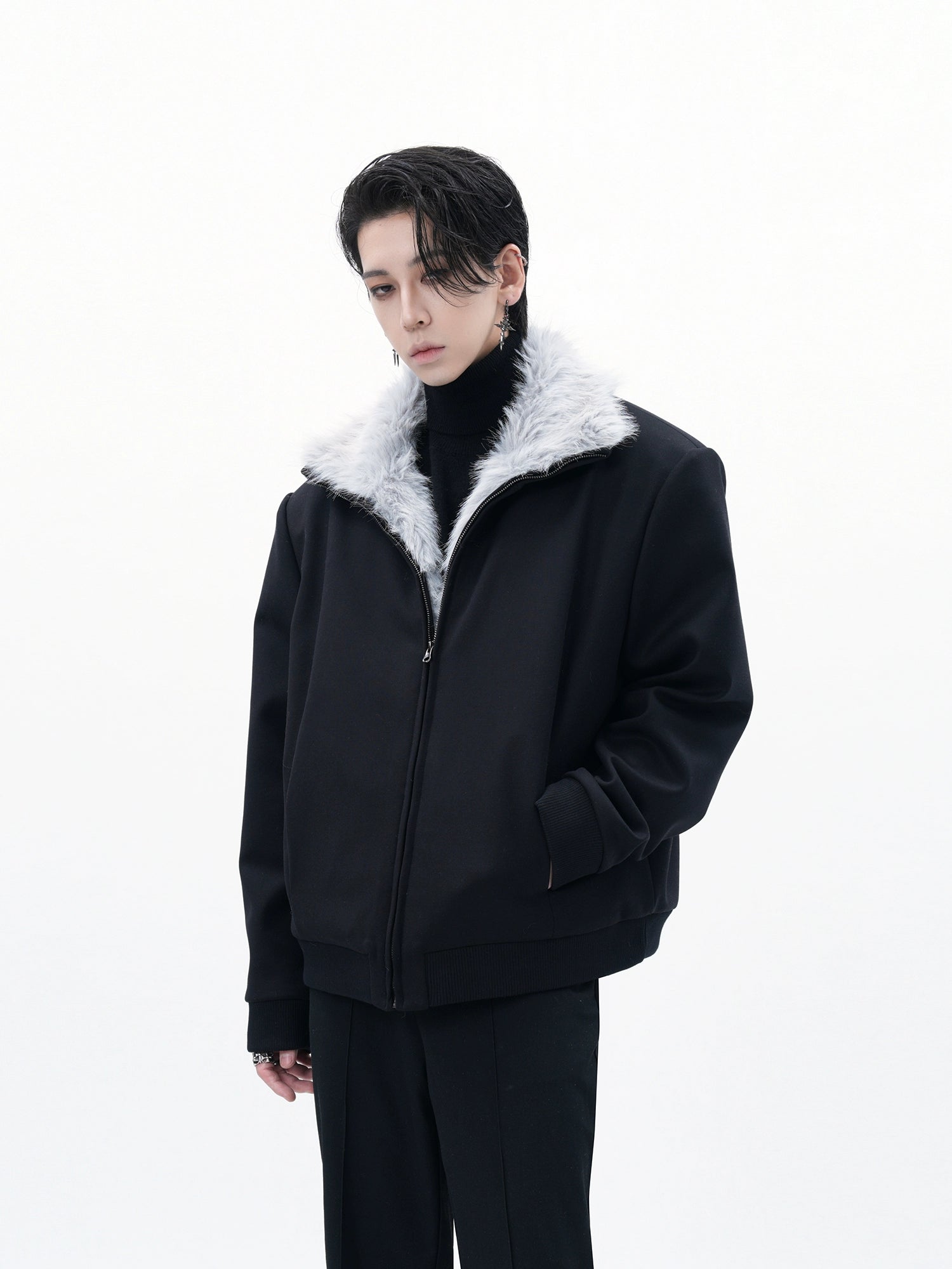 Black Bomber Jacket with Light Grey Faux Fur Collar