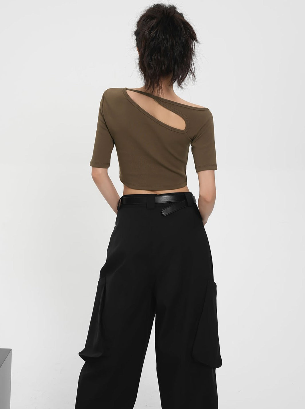 Asymmetric Cut-Out Crop Top - Ribbed Short Sleeve Fitted Tee