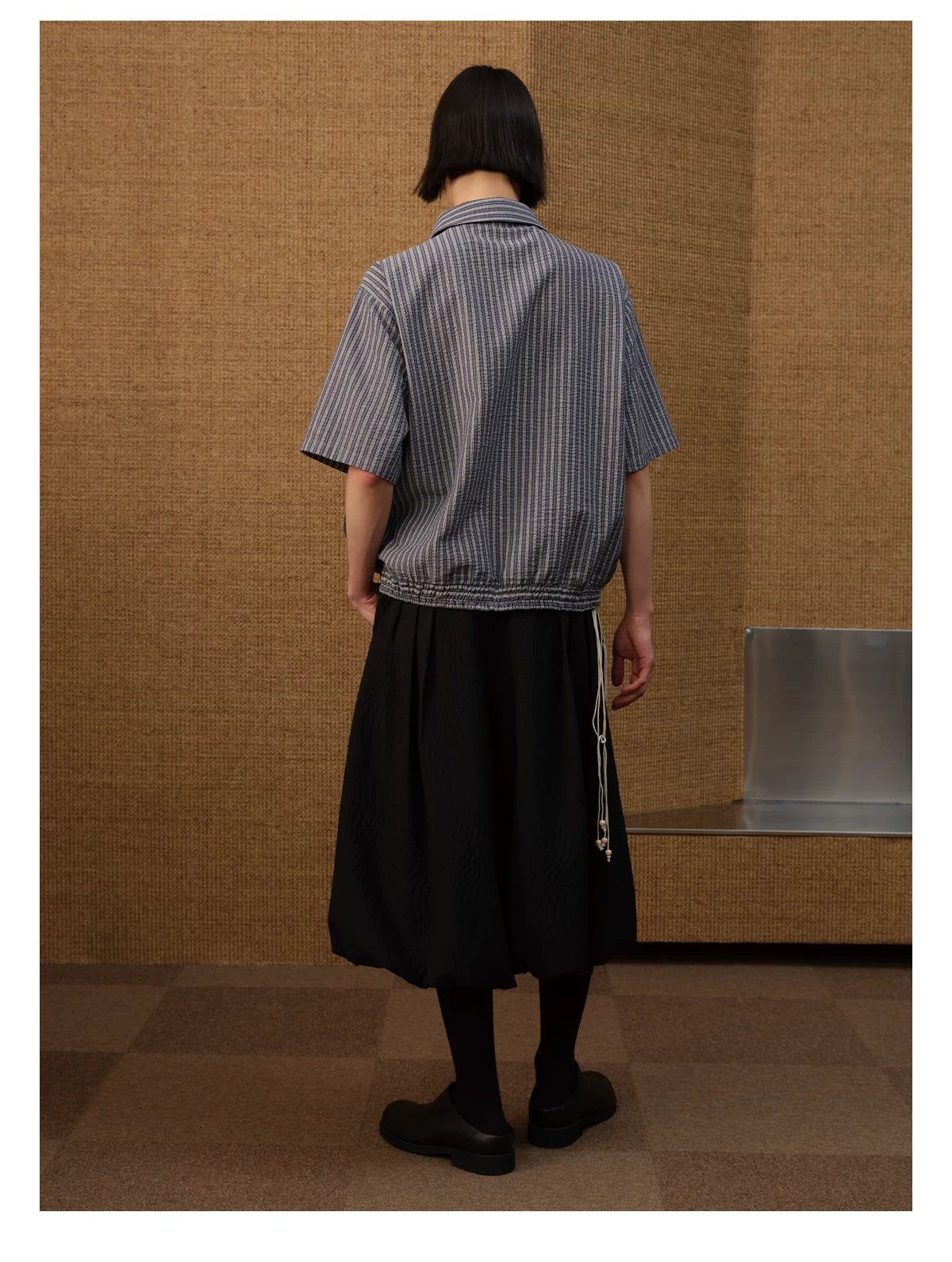 Vertical-Stripe Short-Sleeve Shirt with Curved Hem