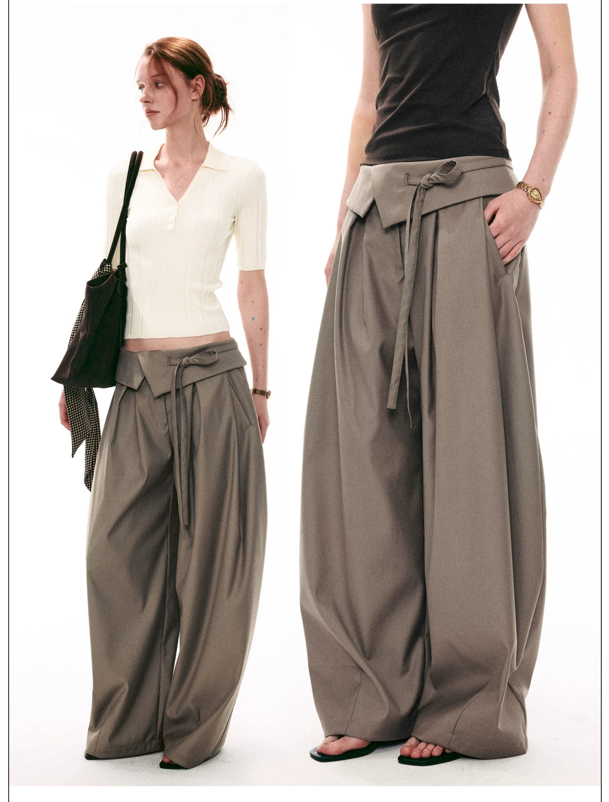 Foldover Tie-Waist Wide Trousers