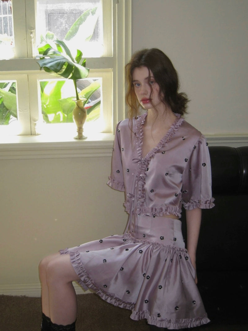 Lavender Ruffle Trim Floral Embroidered Blouse and Skirt Setup