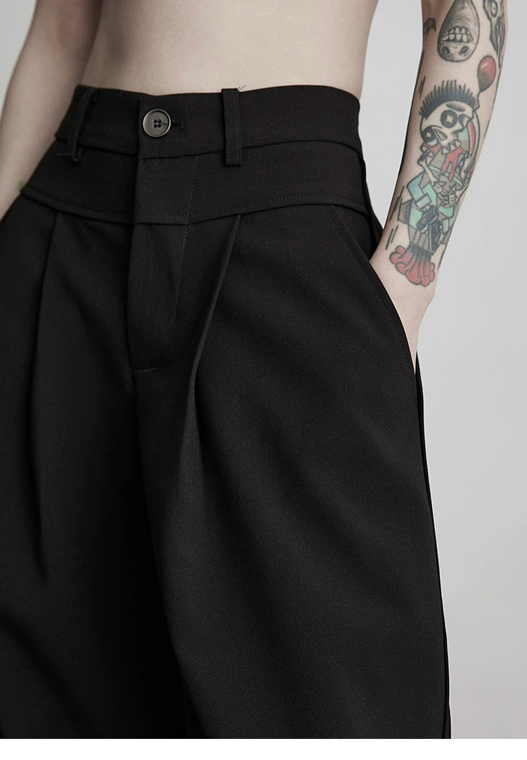 Black Pleated Wide-Leg Casual Pants