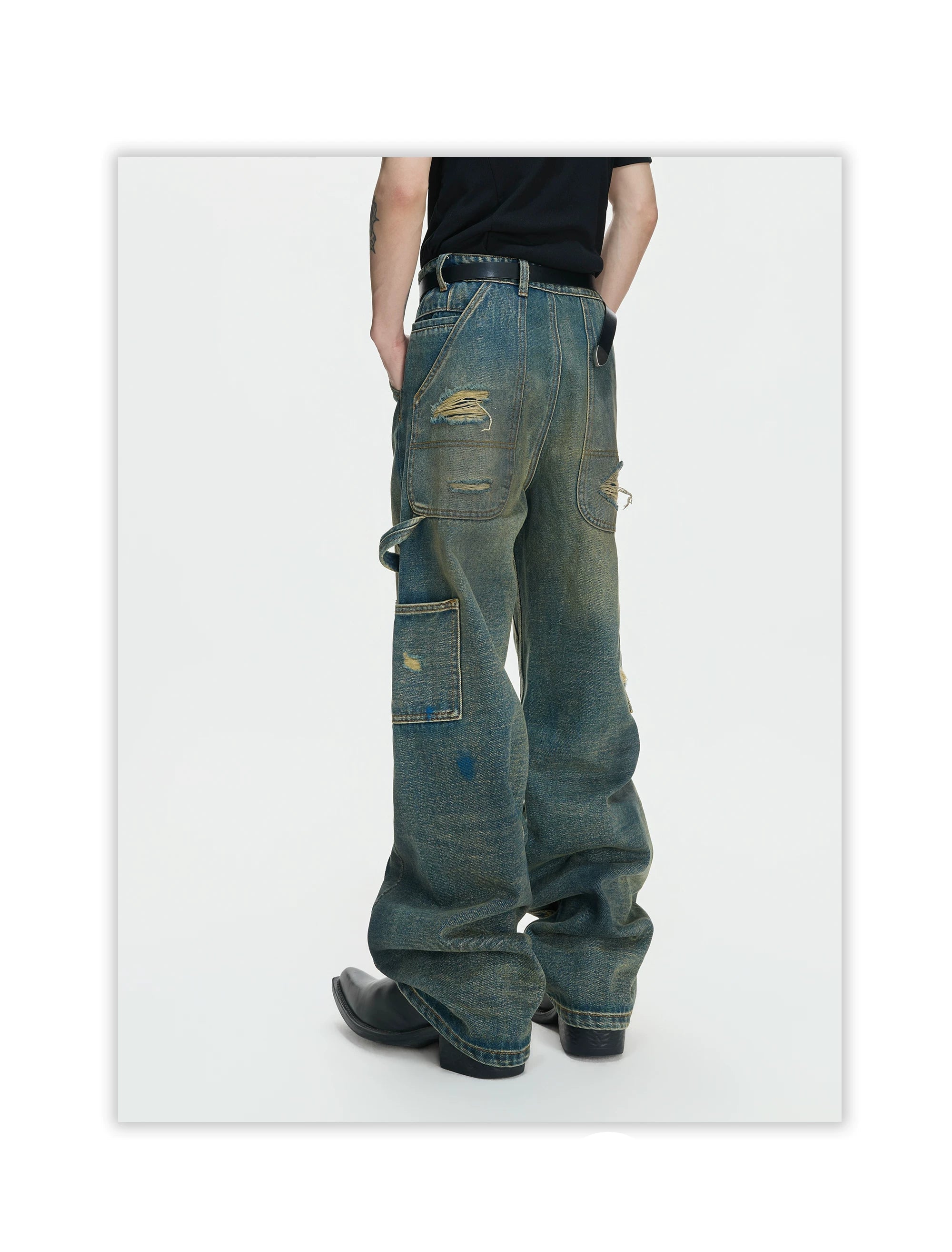 Distressed Panel Wide Leg Cargo Jeans