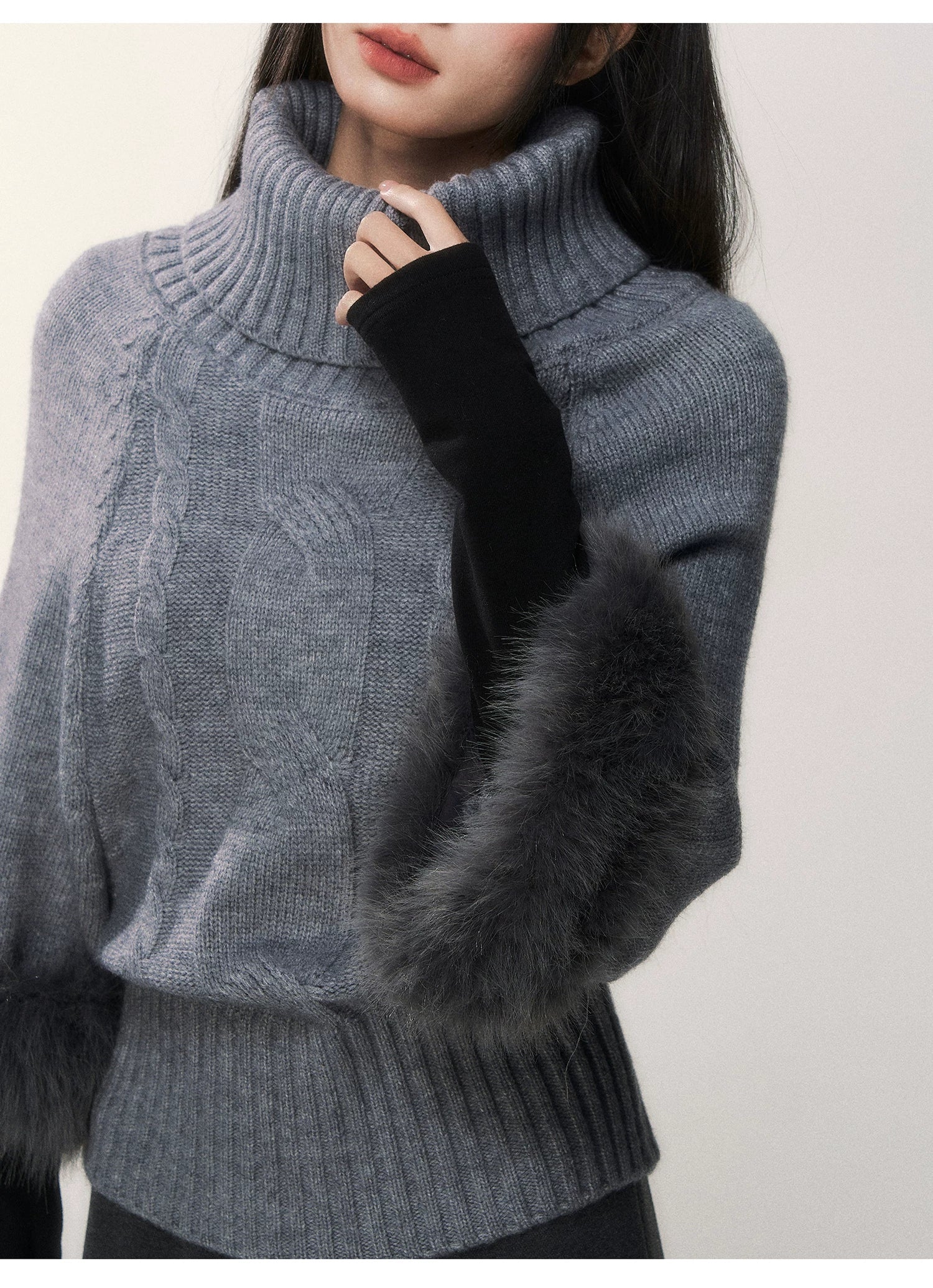 Frosted Whisper Fur-Cuff Turtleneck Sweater