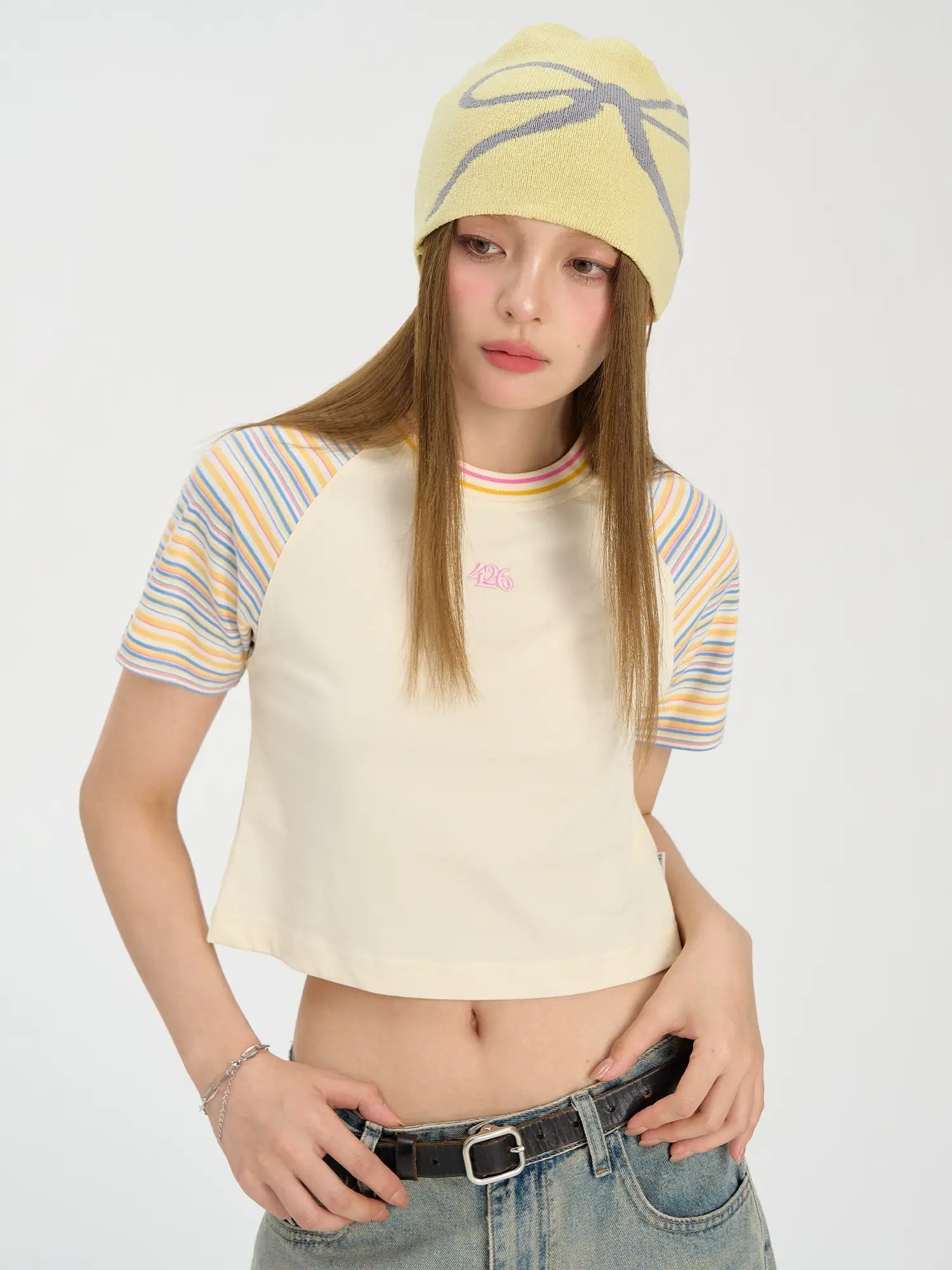 Raglan Sleeve Tee with Stripes - chiclara