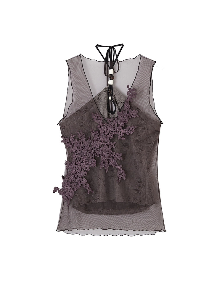 Brown Mesh Lace Sleeveless Blouse