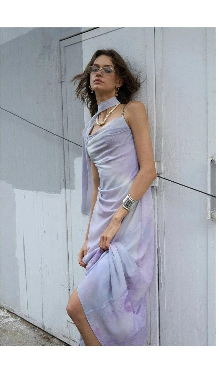 Of Akiva Ethereal Watercolor Maxi Dress - Women'S Spaghetti Strap A-Line Gown With Asymmetric Scarf Detail