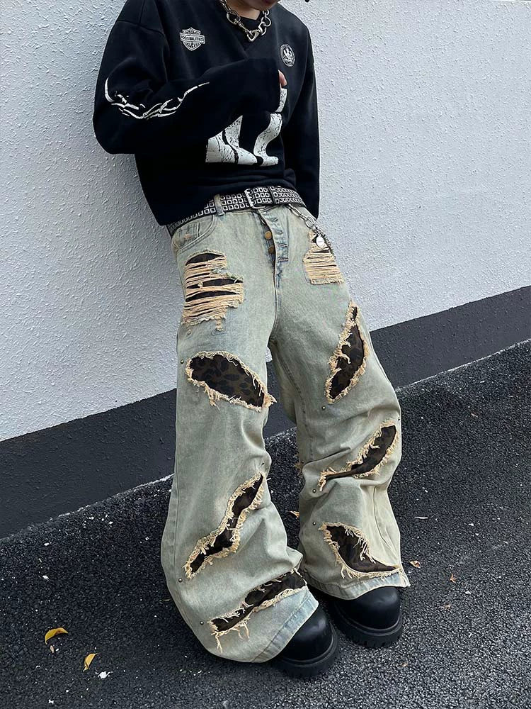 Leopard Mix Patch Destroyed Jeans