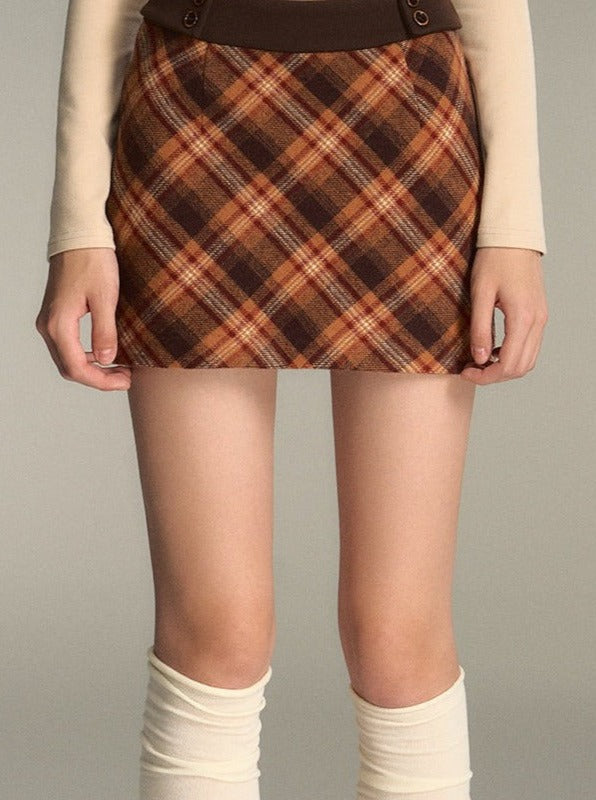 Retro American Red Brown Checkered Wool Skirt - chiclara