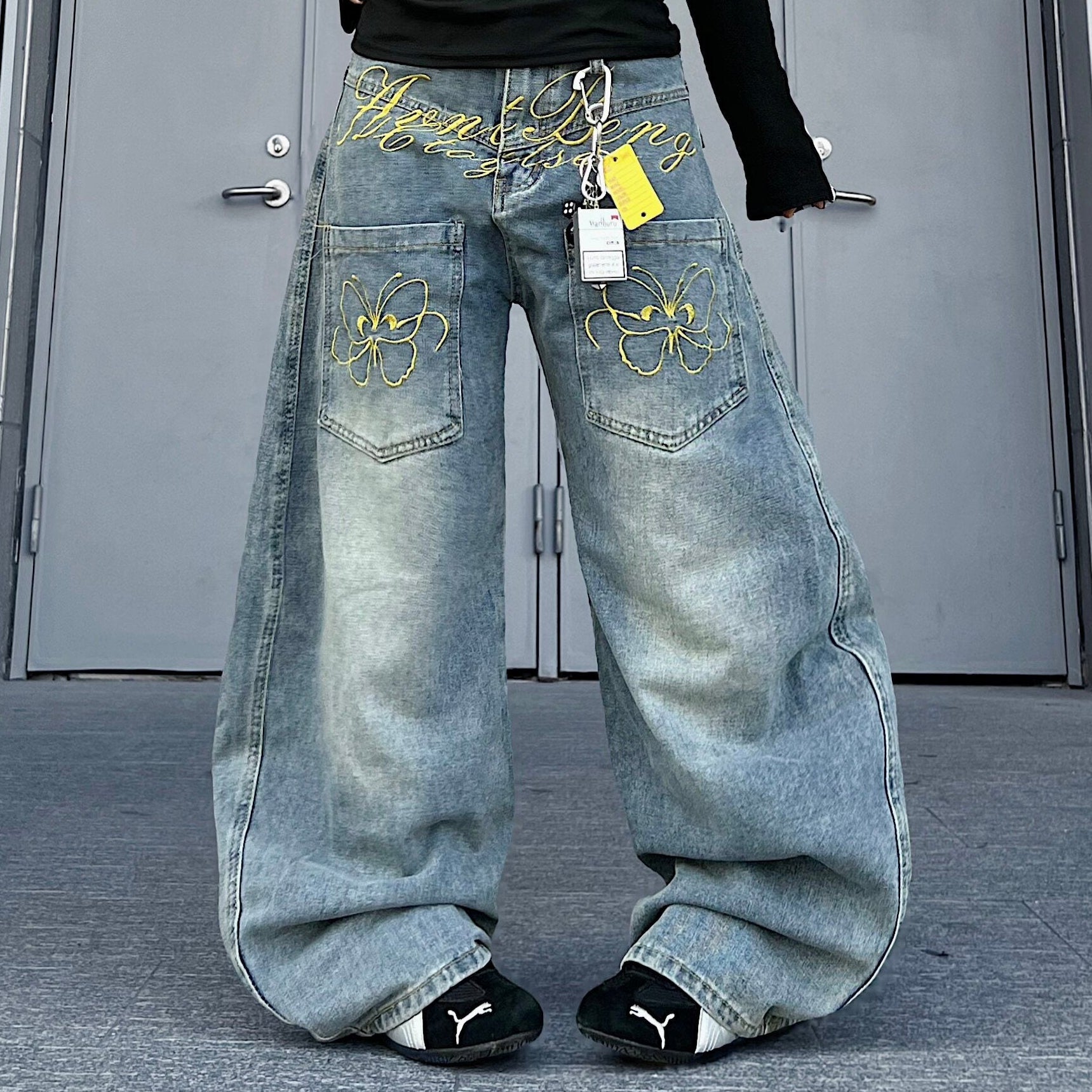 Men's Washed Embroidered Wide-Leg Jeans