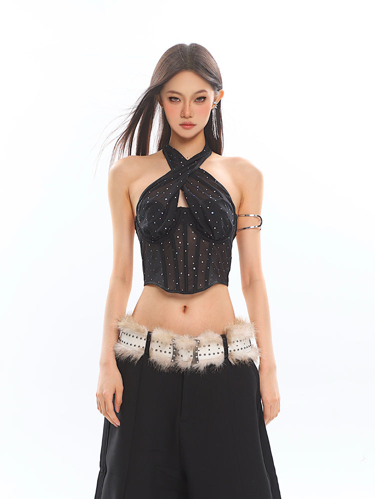 Criss Cross Halter Neck Sheer Corset