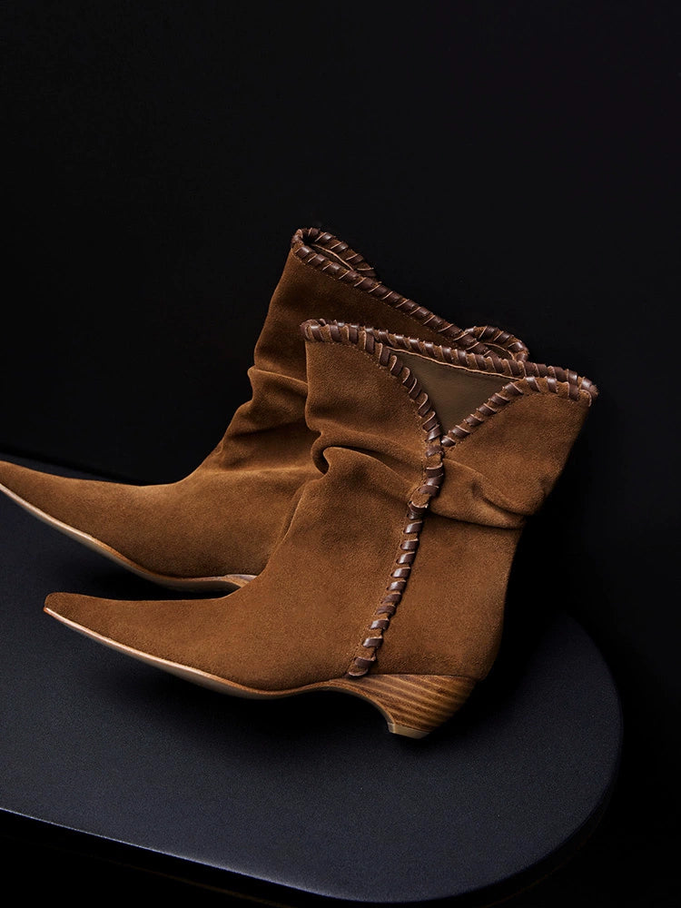 Brown Suede Slouchy Pointed-Toe Boots with Whipstitch Trim