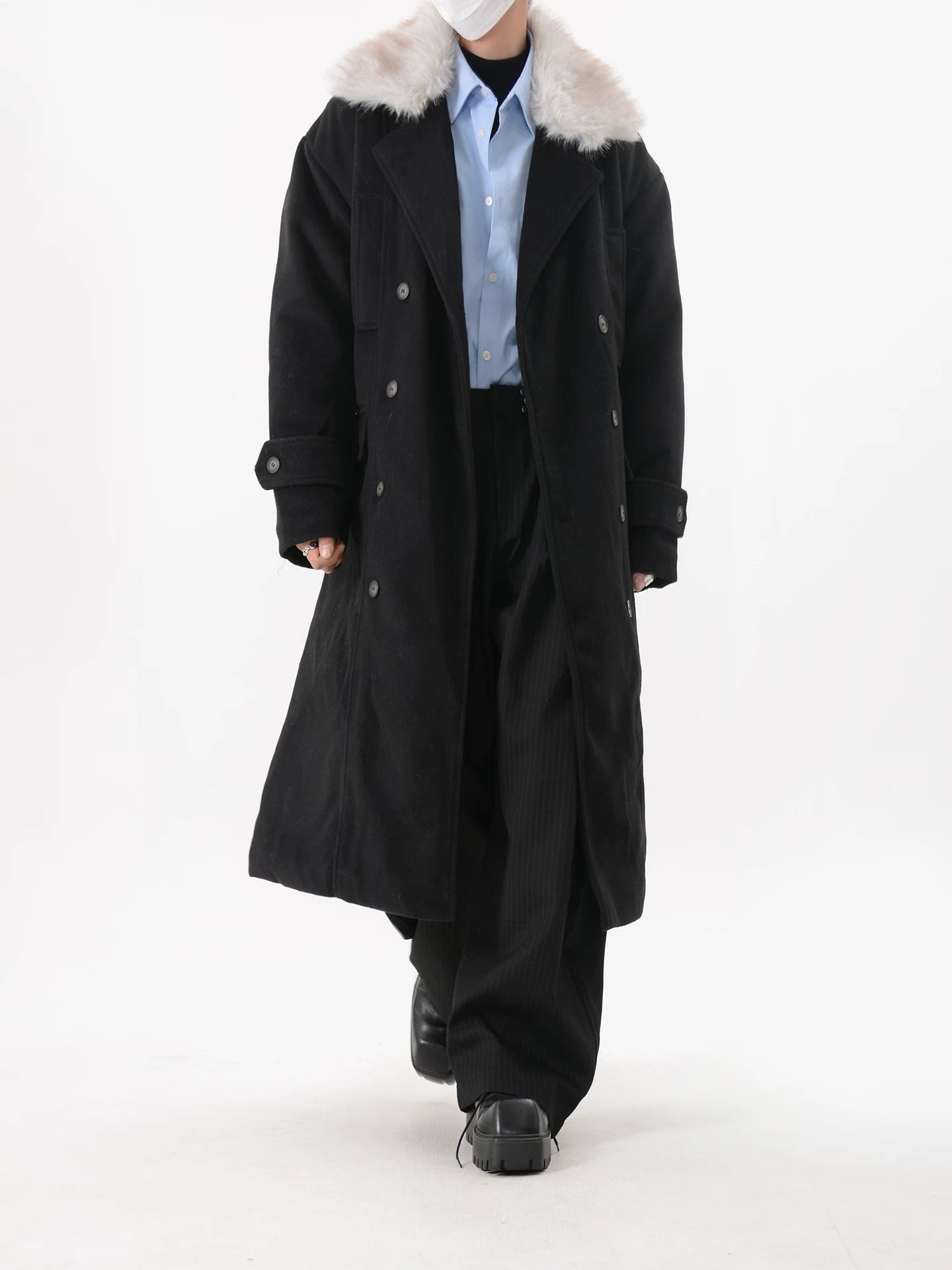Black Faux Fur Collar Belted Long Coat