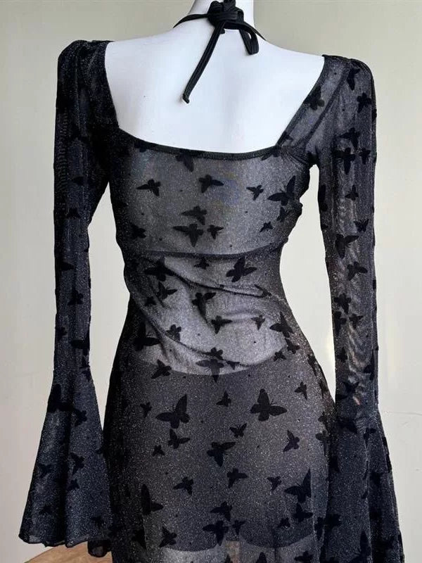 Midnight Flutter Sheer Butterfly Swim Dress