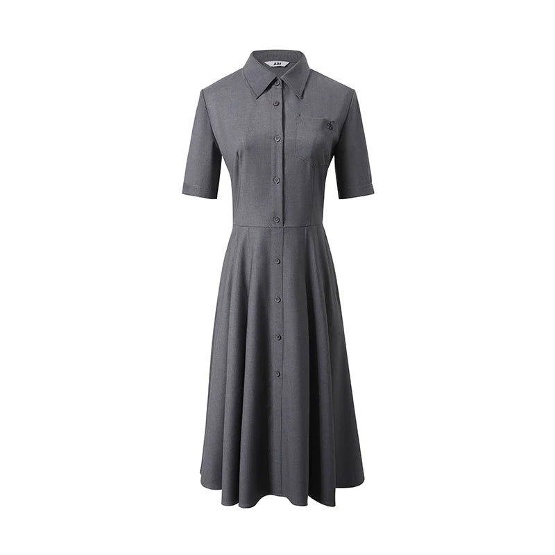 Elegant Charcoal Gray Shirt Dress: A-Line Button-Down with Short Sleeves and Collared Neckline