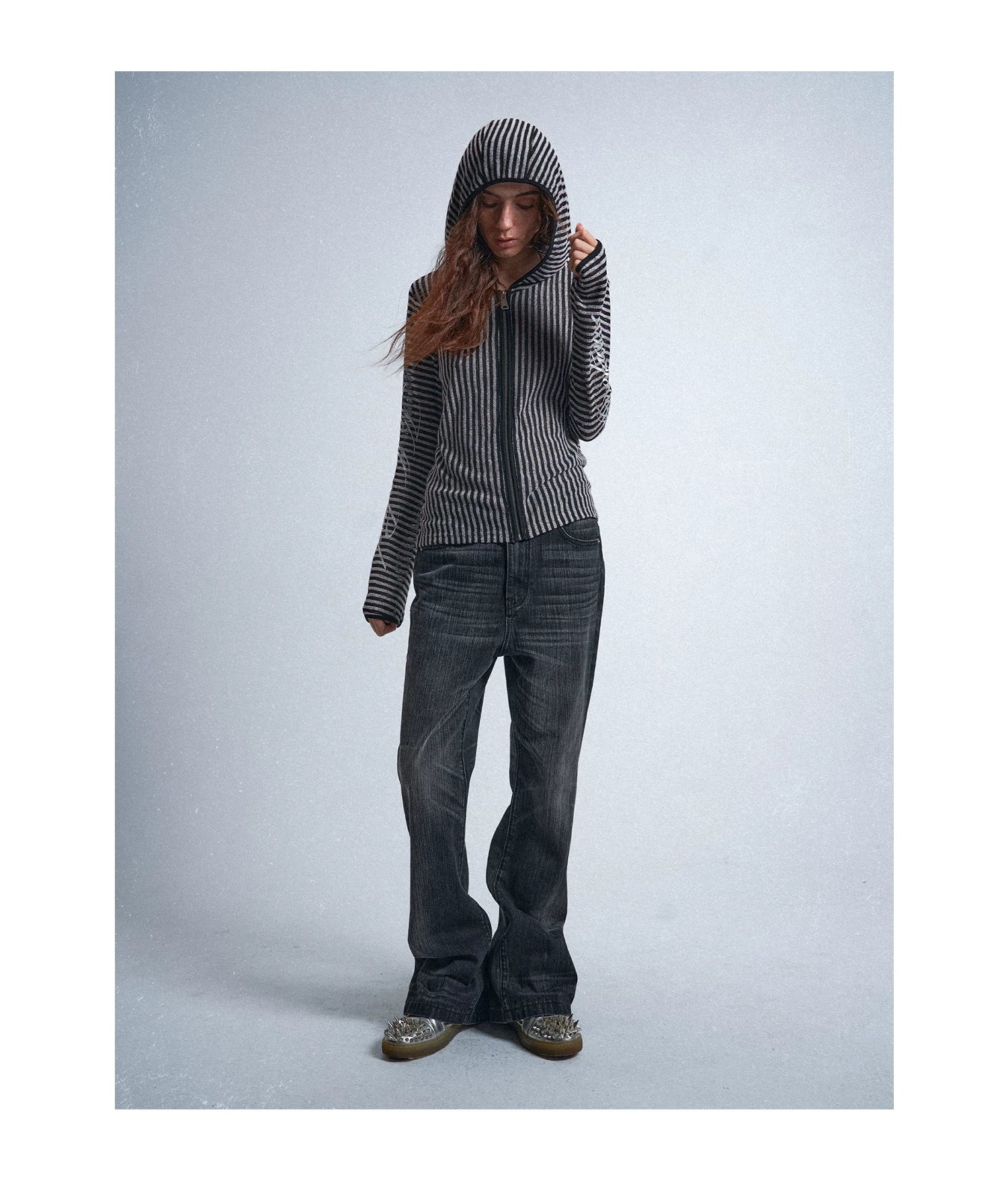 Silver Static Irregular Stripe Hooded Cover-Up Shirt