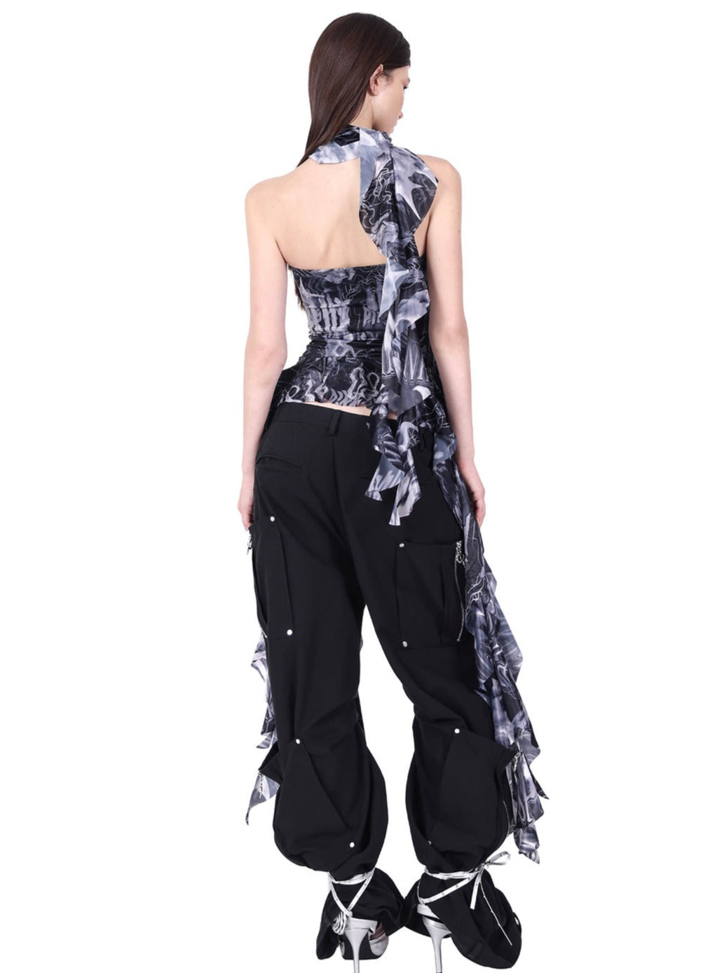 PINKSPINK Smoke Print Ruffled Scarf and Top Set - Black and White