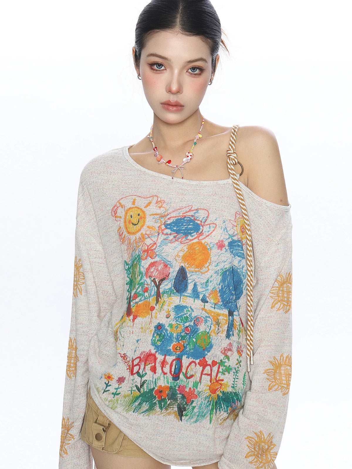 Sunlit Sketch Off-Shoulder Graphic Knit Top