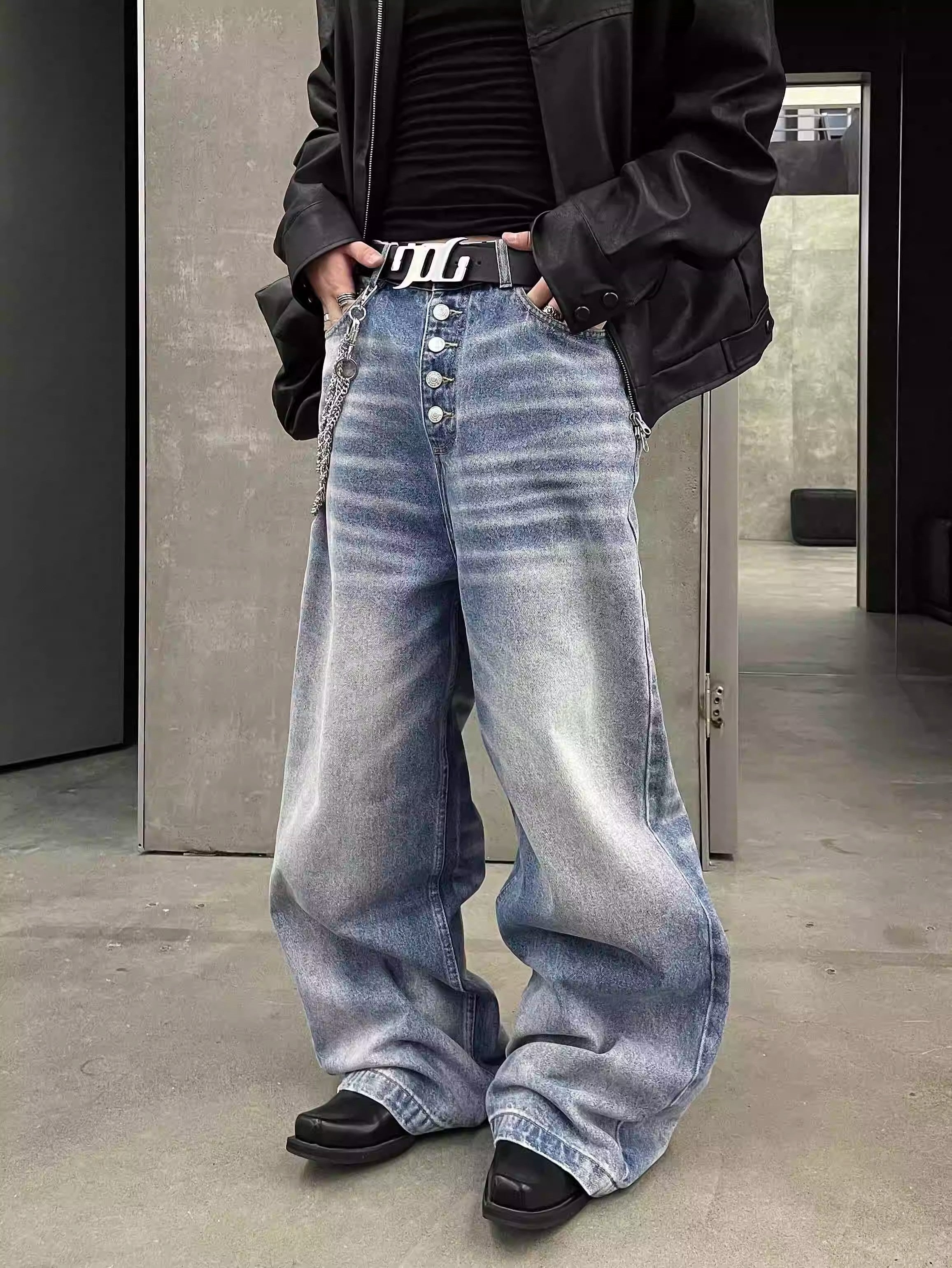 Button Fly Baggy Washed Jeans
