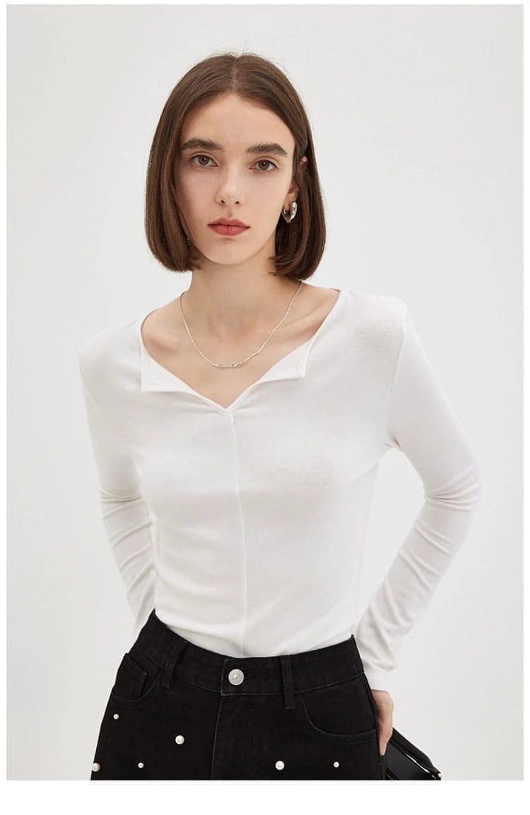 V-Neck Long Sleeve Knitted Base Layer Top - chiclara