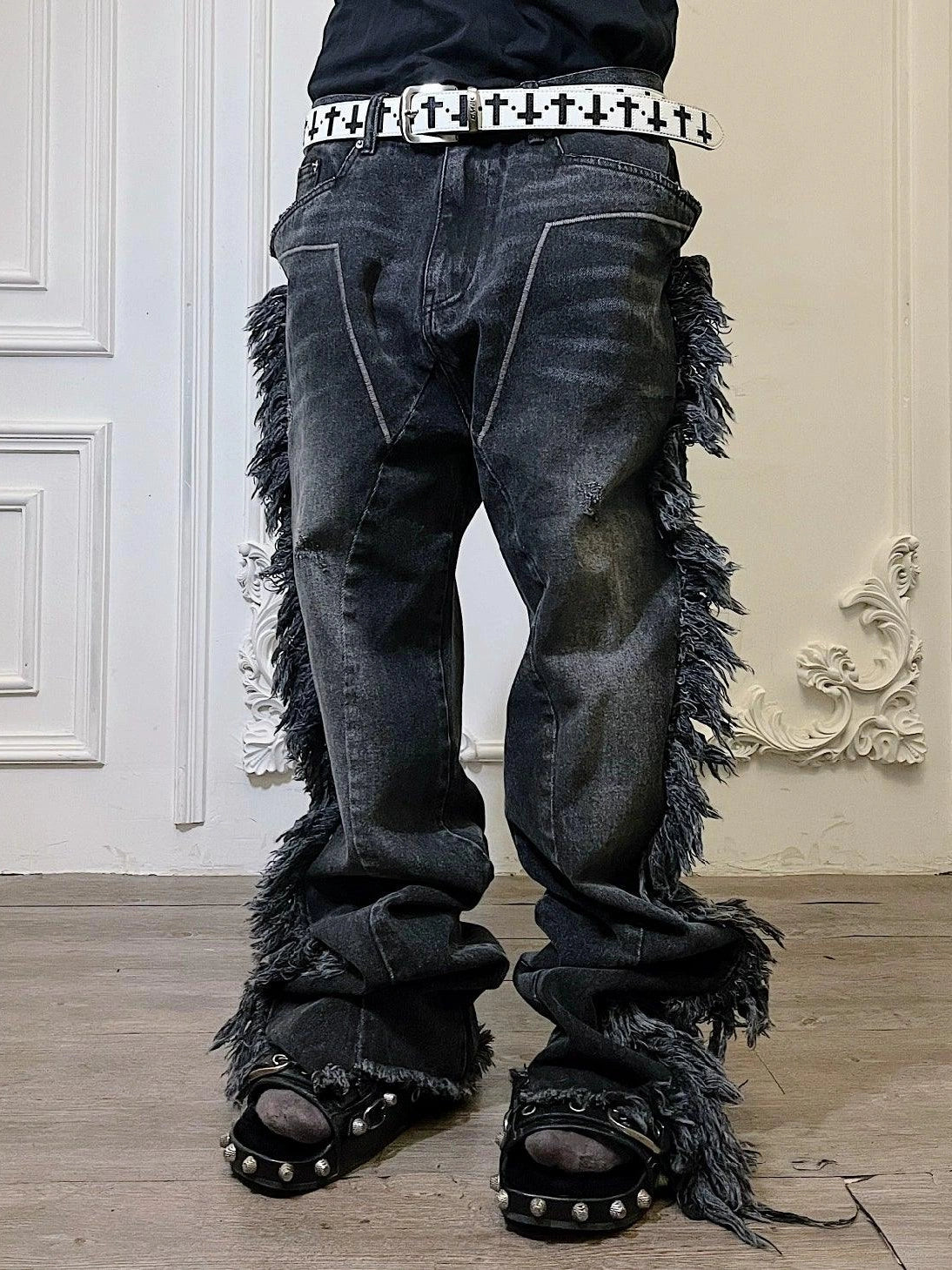 Distressed Fur-Trimmed Gothic Jeans