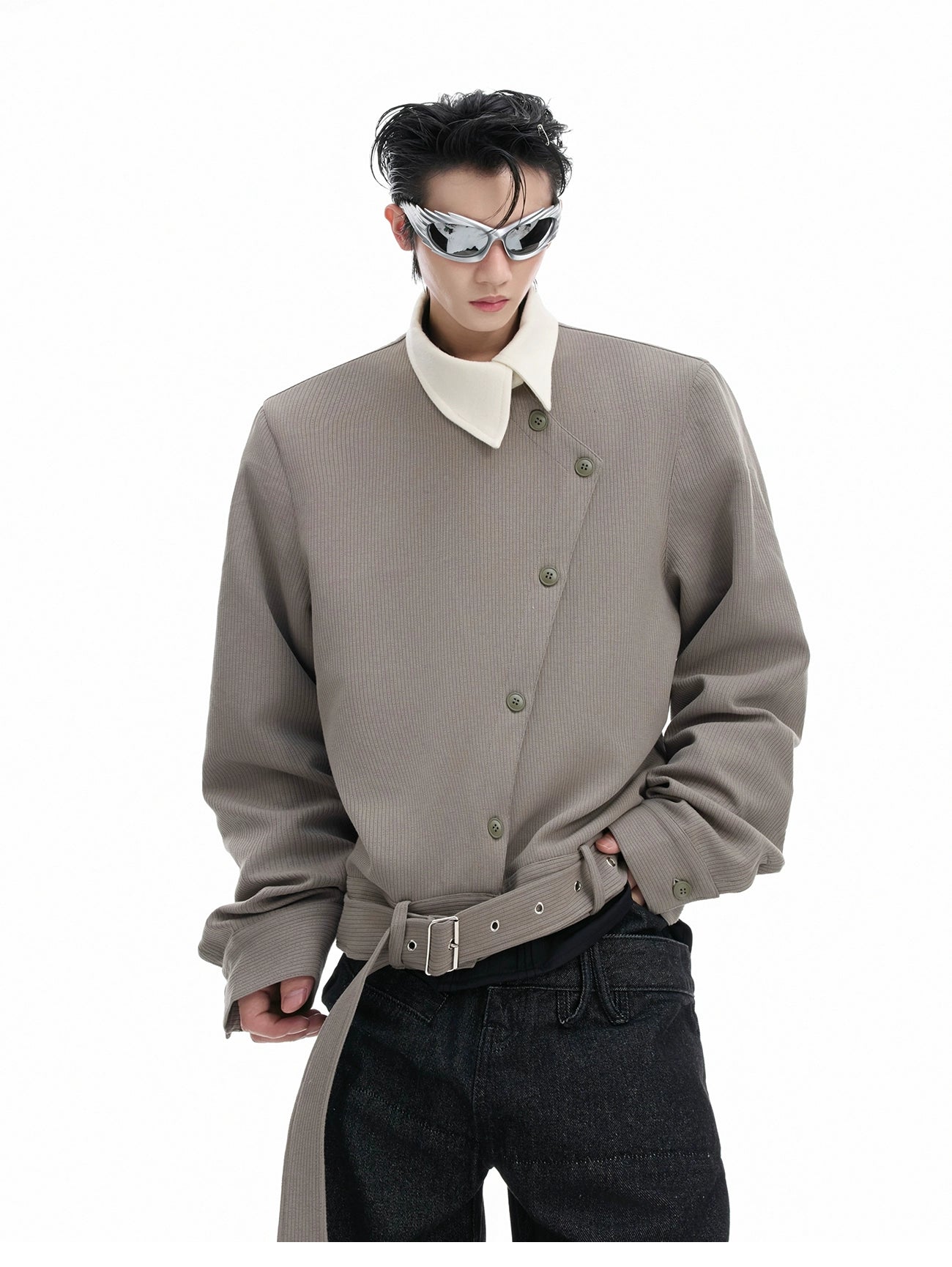 Asymmetrical Buttoned Jacket with Wide Collar and Belt