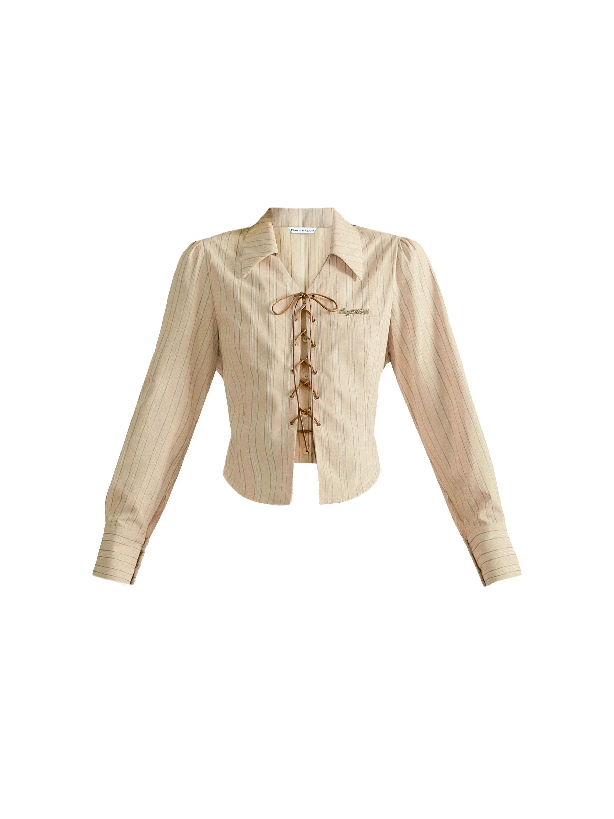 Vintage-Inspired Lace-Up Cropped Blazer - Pinstripe Collared Jacket in Light Blue and Beige