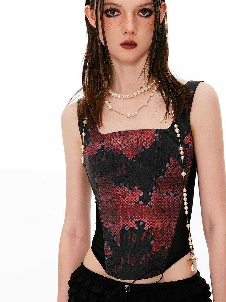 Gothic Red Print Corset Top