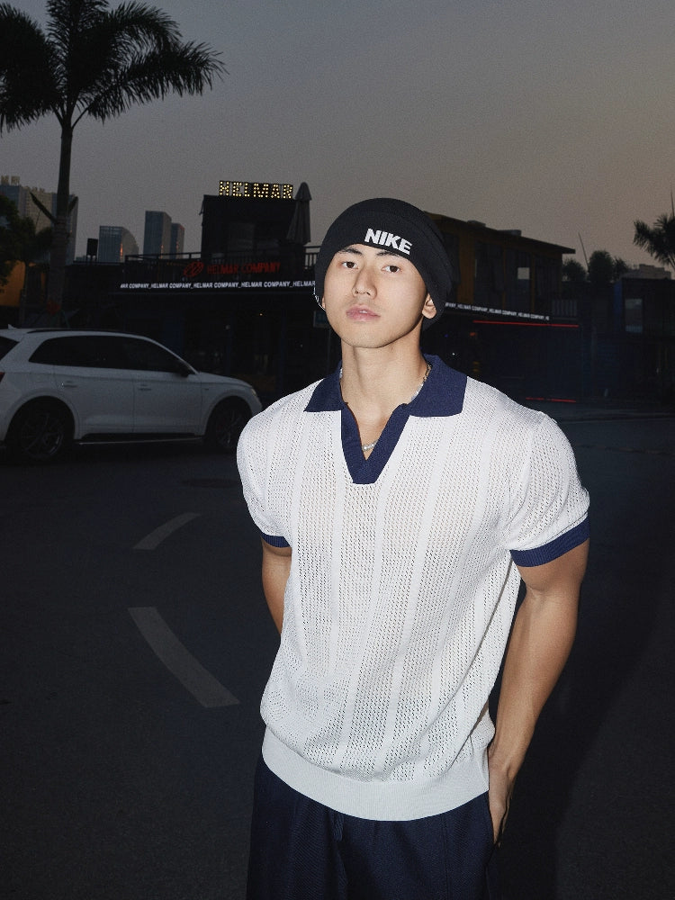 Contrast Collar Mesh Knit Polo Shirt
