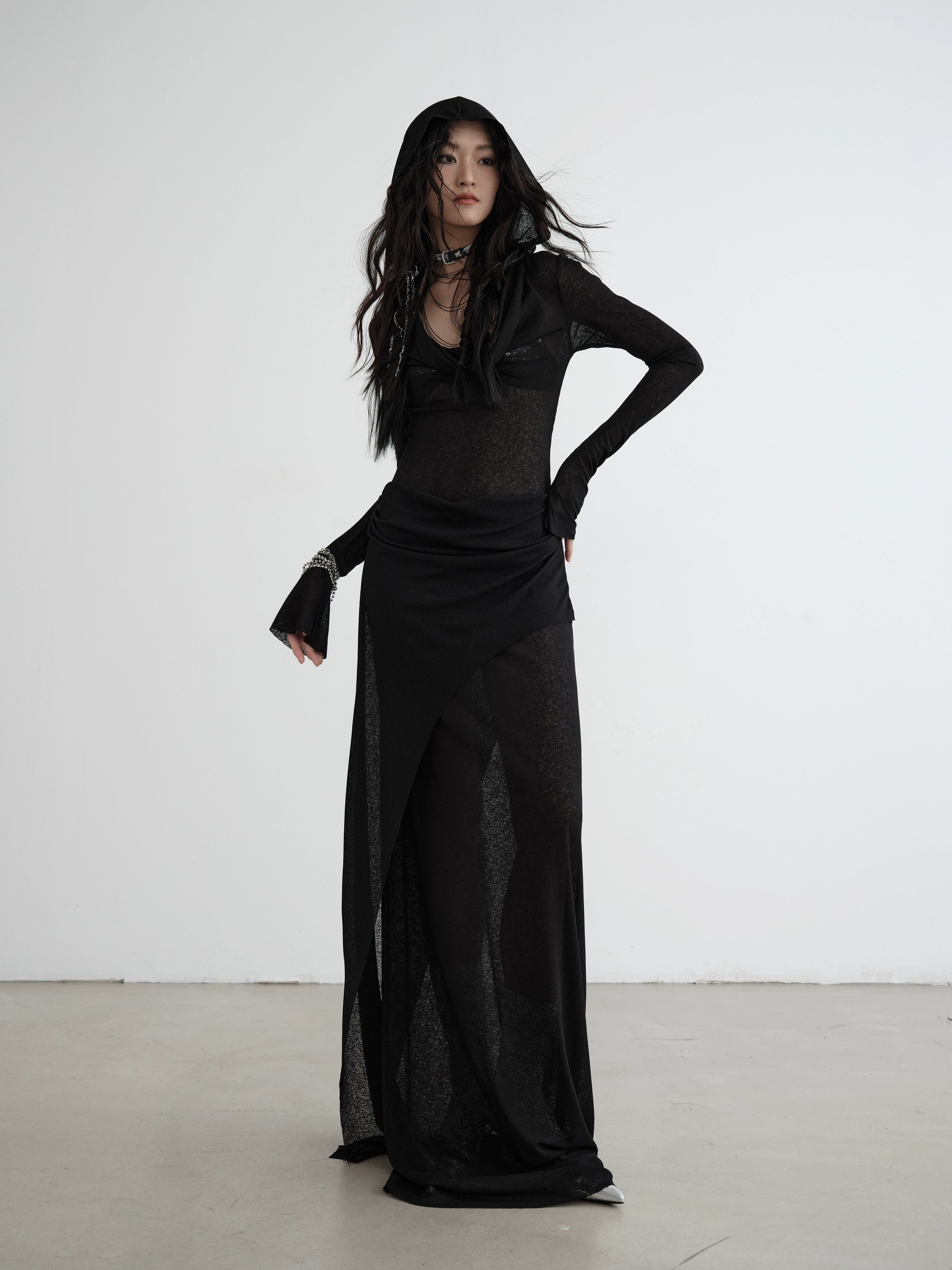 Sheer Black Hooded Maxi Dress