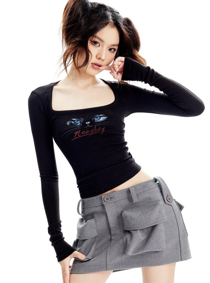 Long-Sleeve Crop Top with Cat Graphic