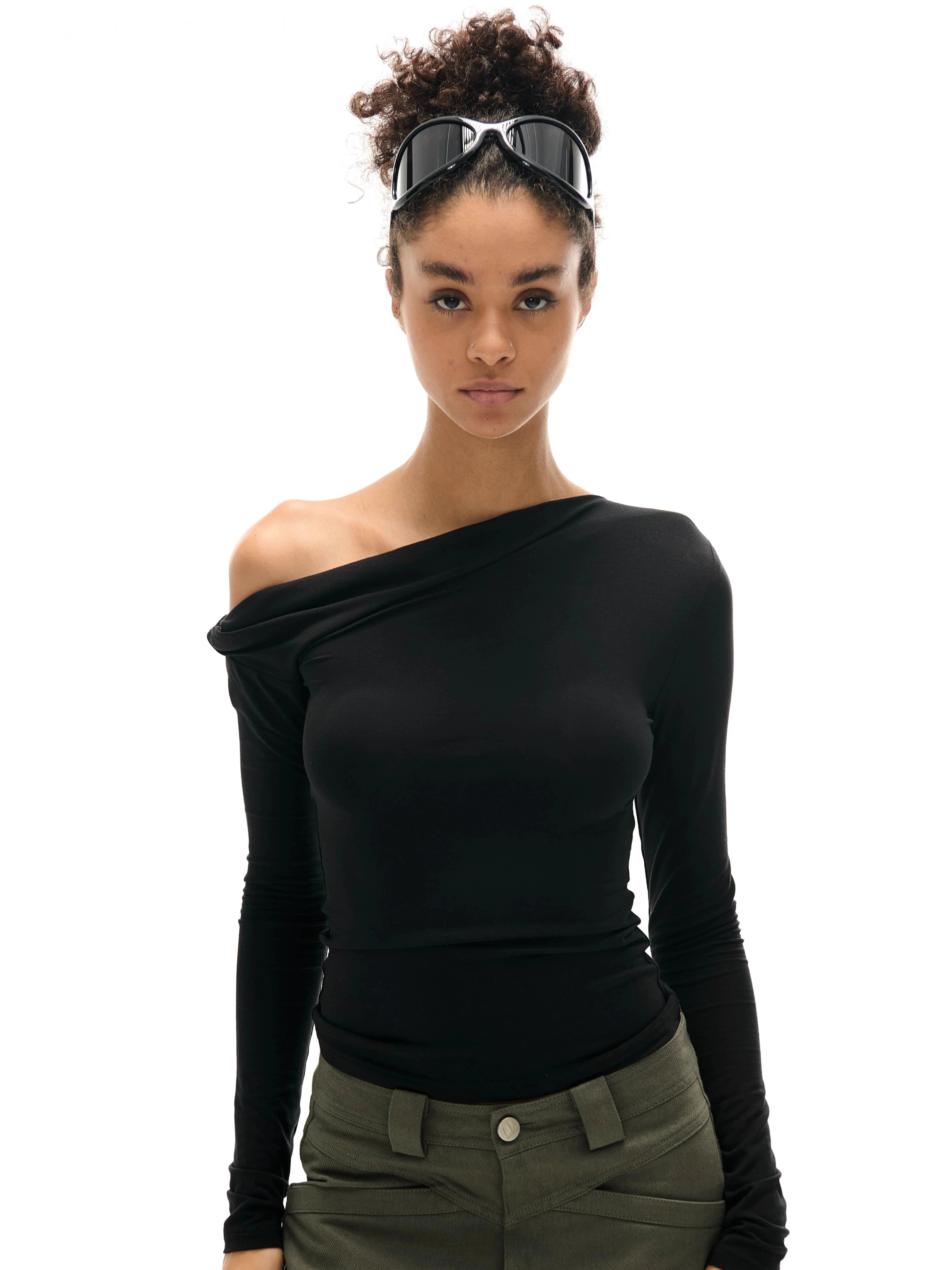 Asymmetrical Neckline Ruched Long Sleeve