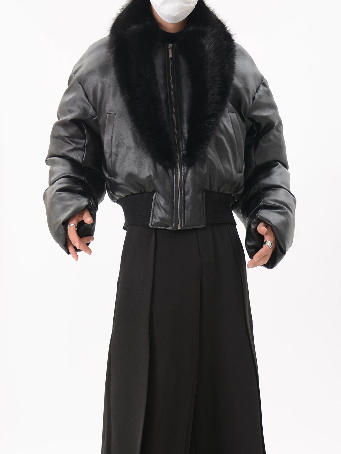 Black Faux Leather Cropped Puffer Jacket with Faux Fur Collar