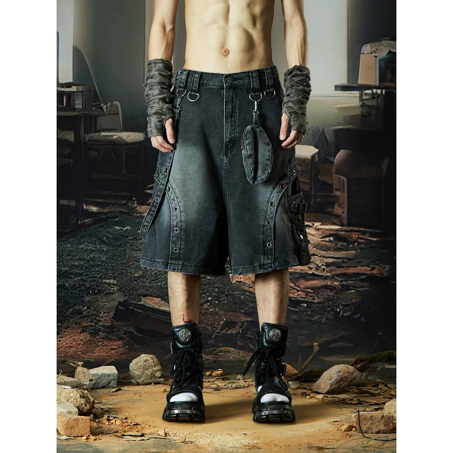 Wasteland Harness Cargo Denim Shorts