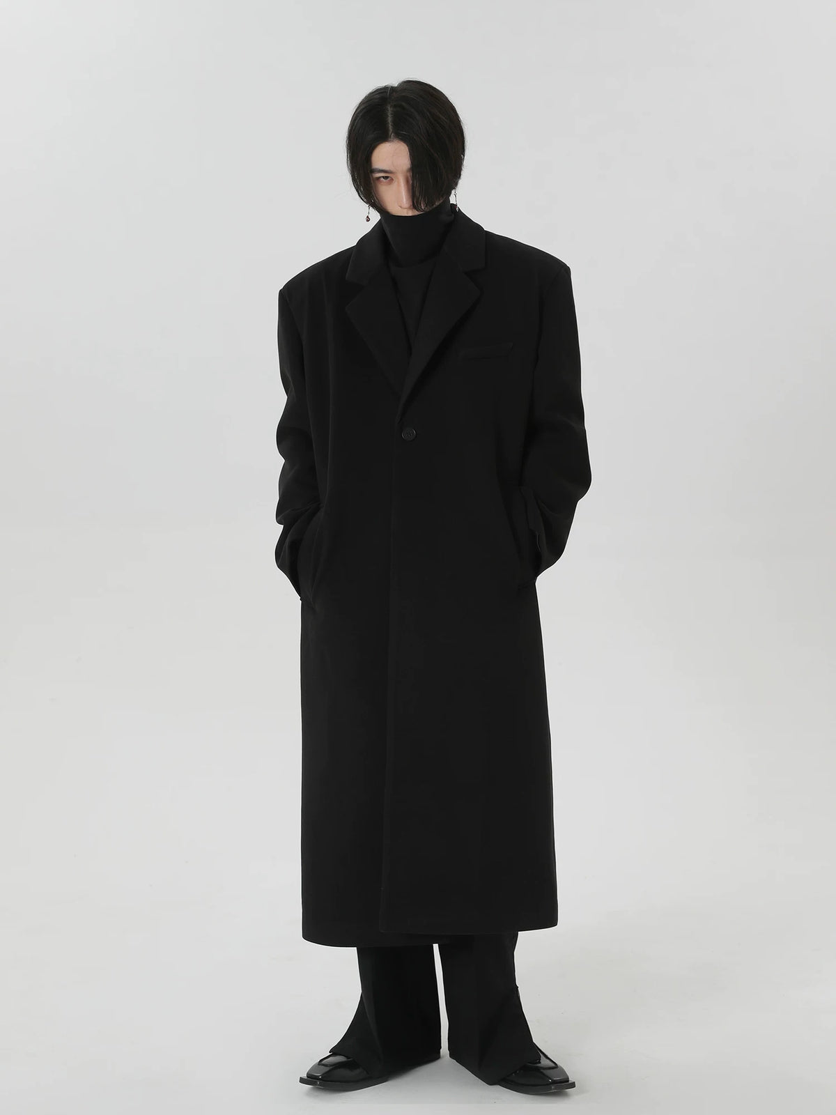 Draped Stand-Collar Maxi Coat