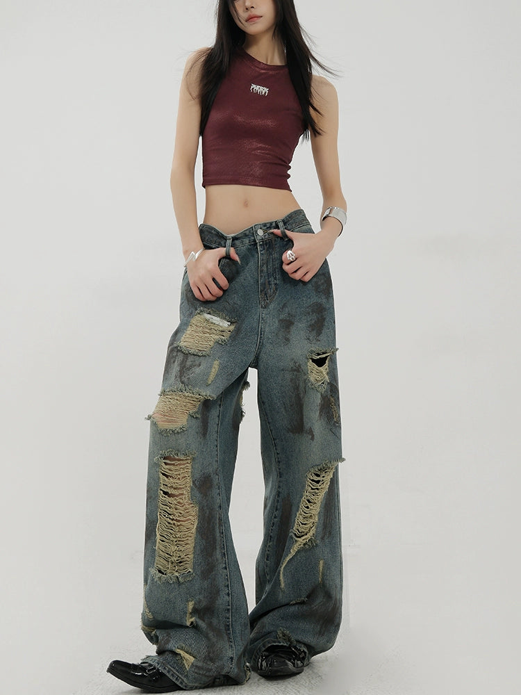 Retro Tie-Dye Distressed Wide-Leg Jeans With Washed Effect And Draping Fit - chiclara