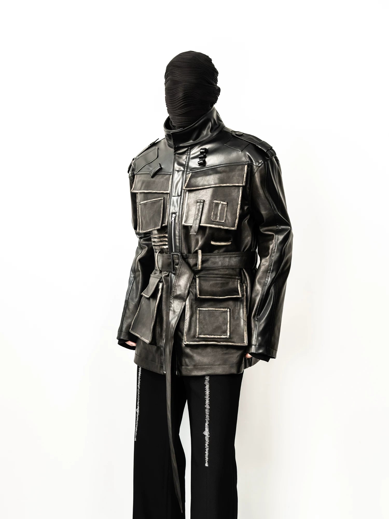 Obsidian Circuit Multi-Pocket Belted Leather Jacket