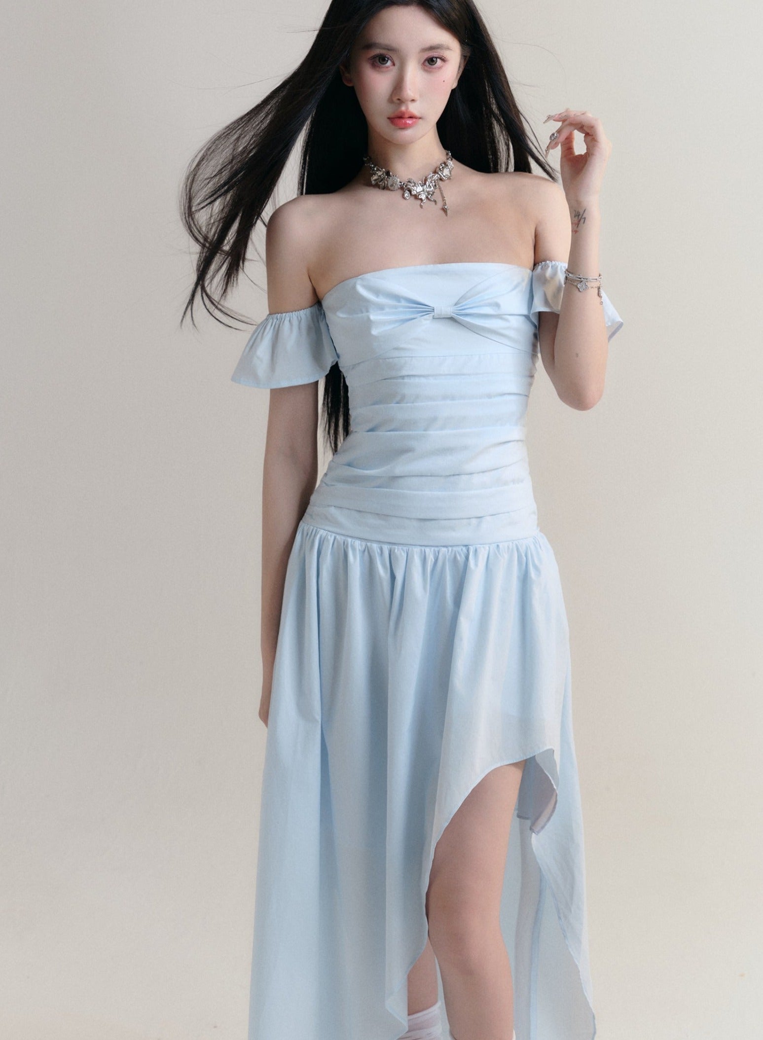 Pale Blue Off-Shoulder Ruched Maxi Dress with Asymmetrical Hem