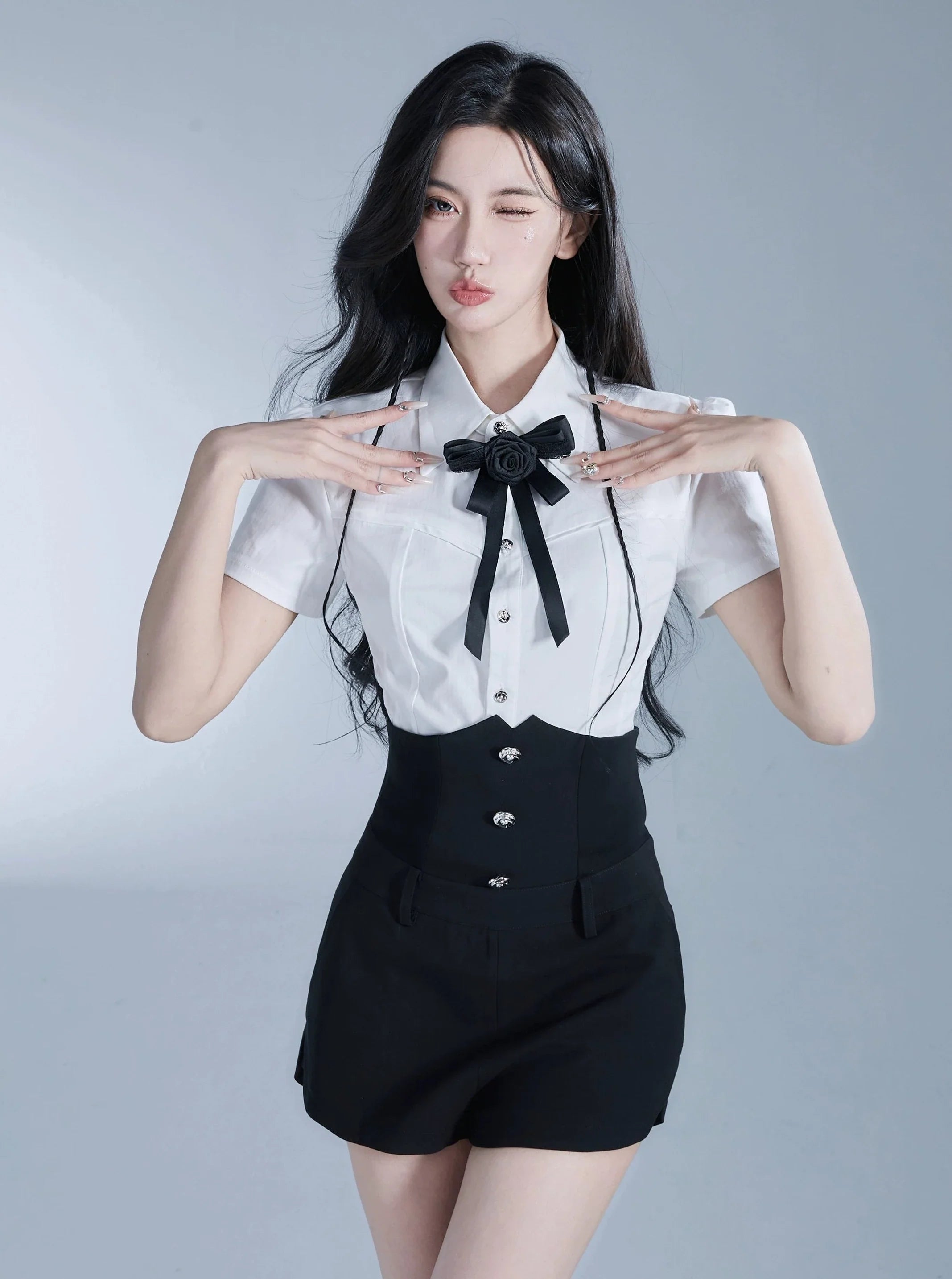 Monochrome Elegance Set: High-Waisted Corset Shorts with Cropped Bow-Tie Shirt