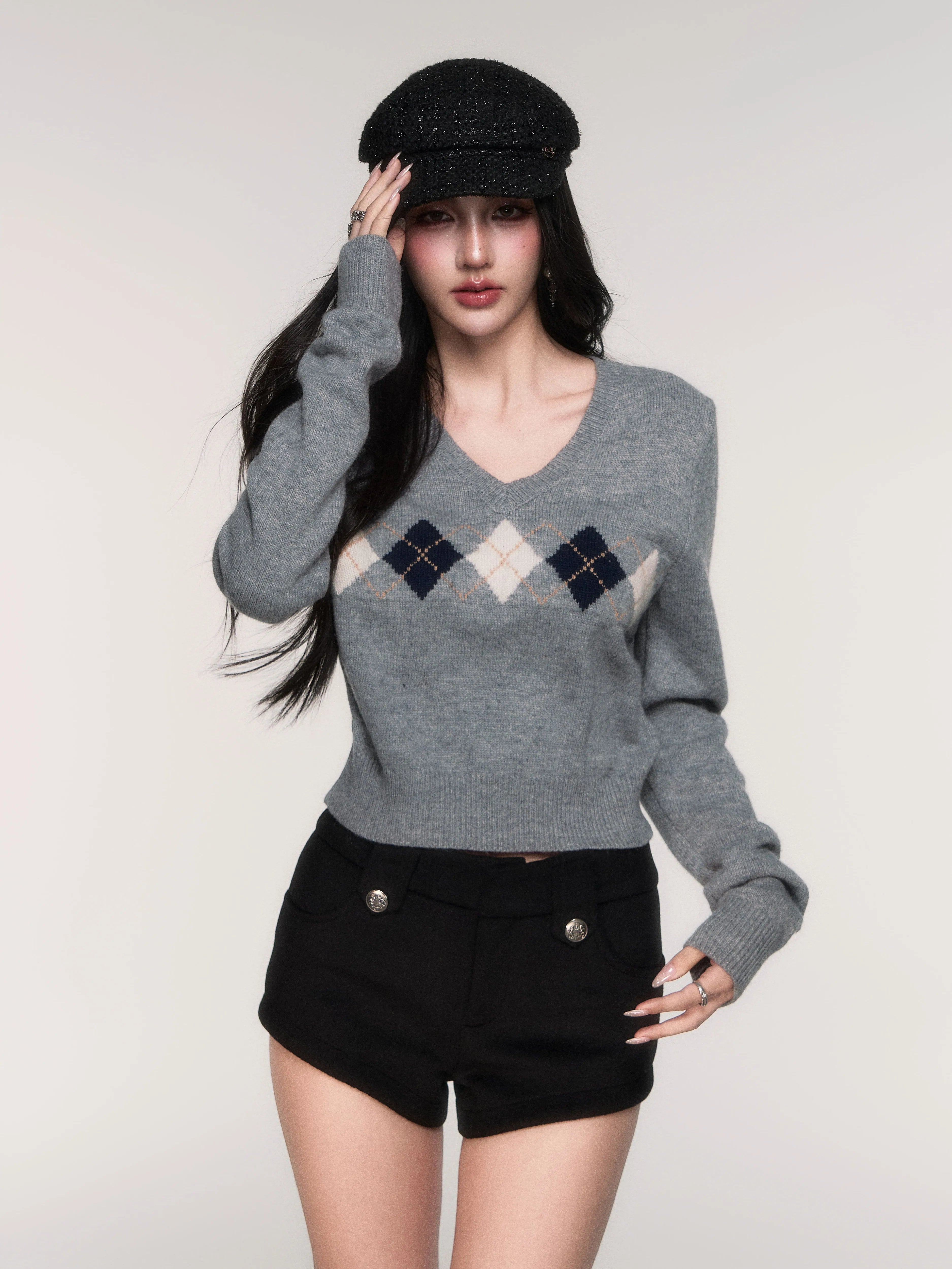 Argyle Muse Cropped Knit Sweater