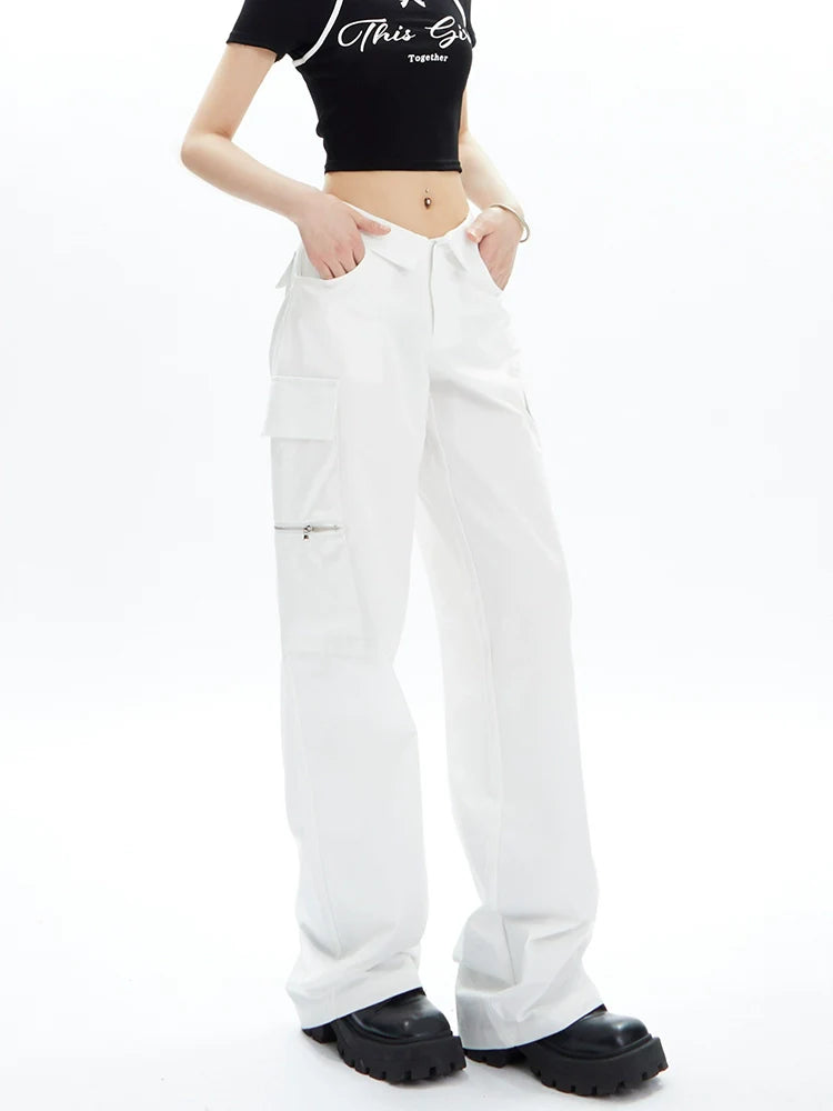 Wide-Leg Cargo Pants with Collar Waistband