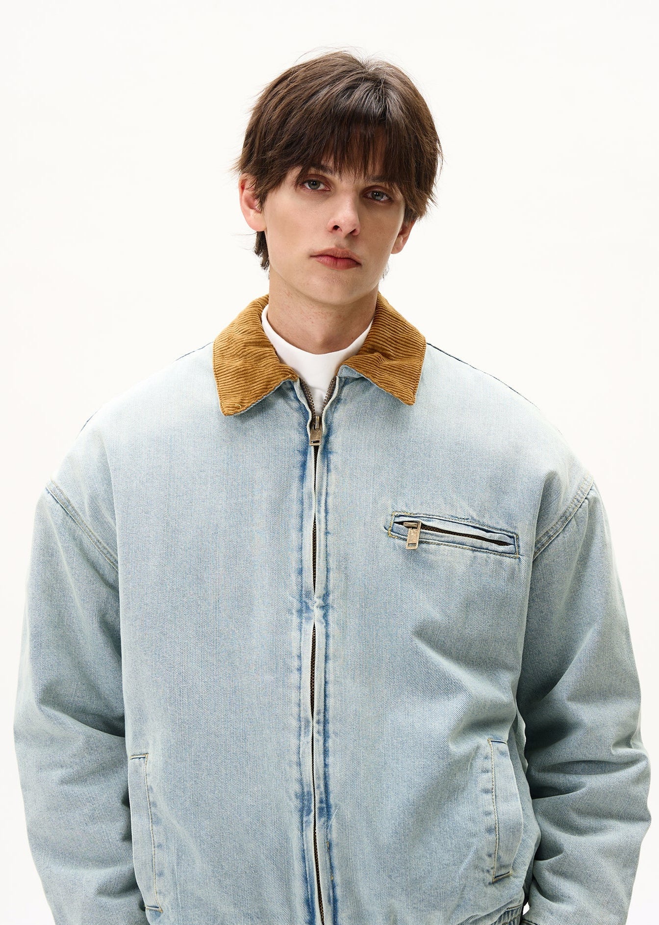 Corduroy Collar Light Denim Bomber Jacket