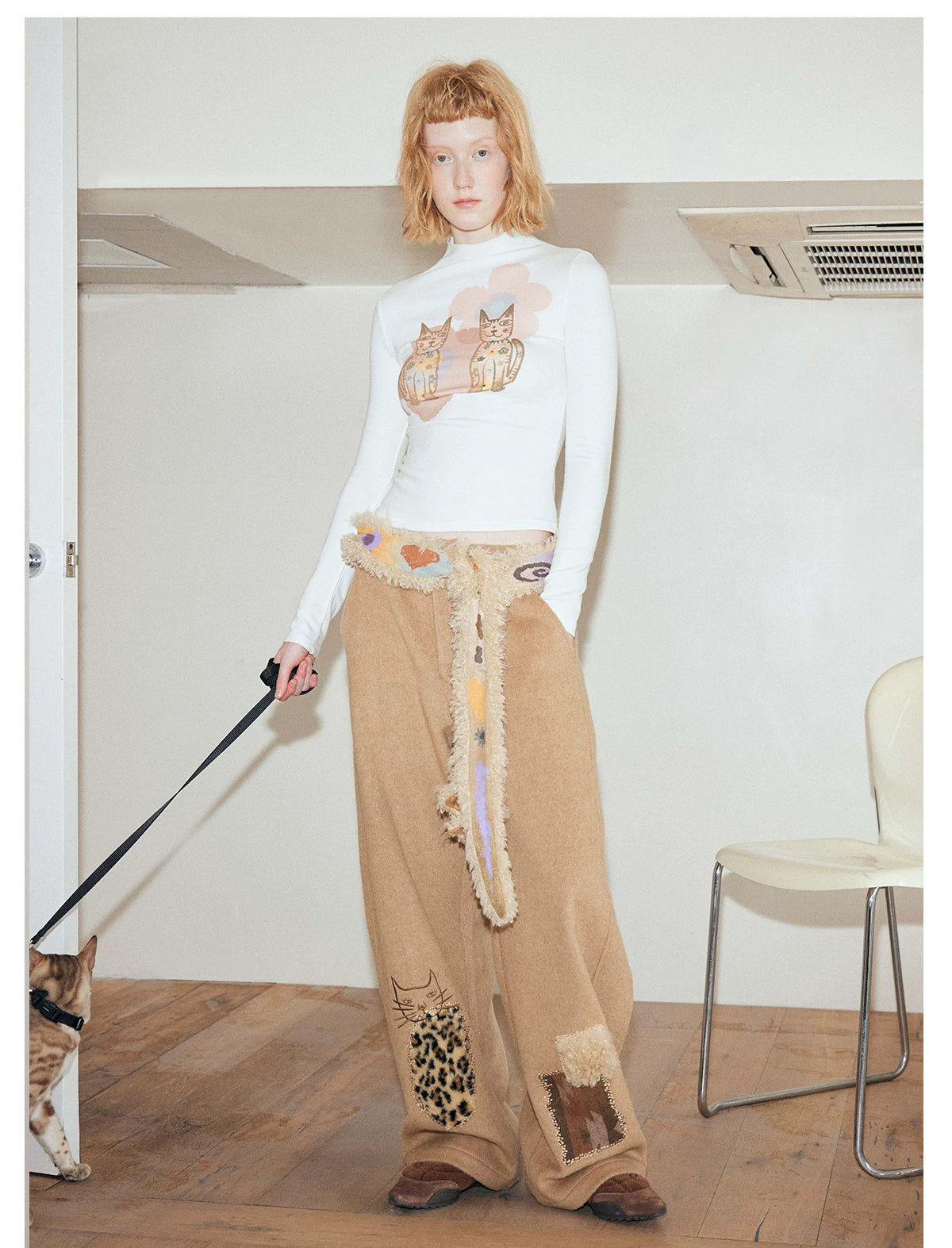 Leopard Pocket Kitty Patch Wide‑Leg Pants