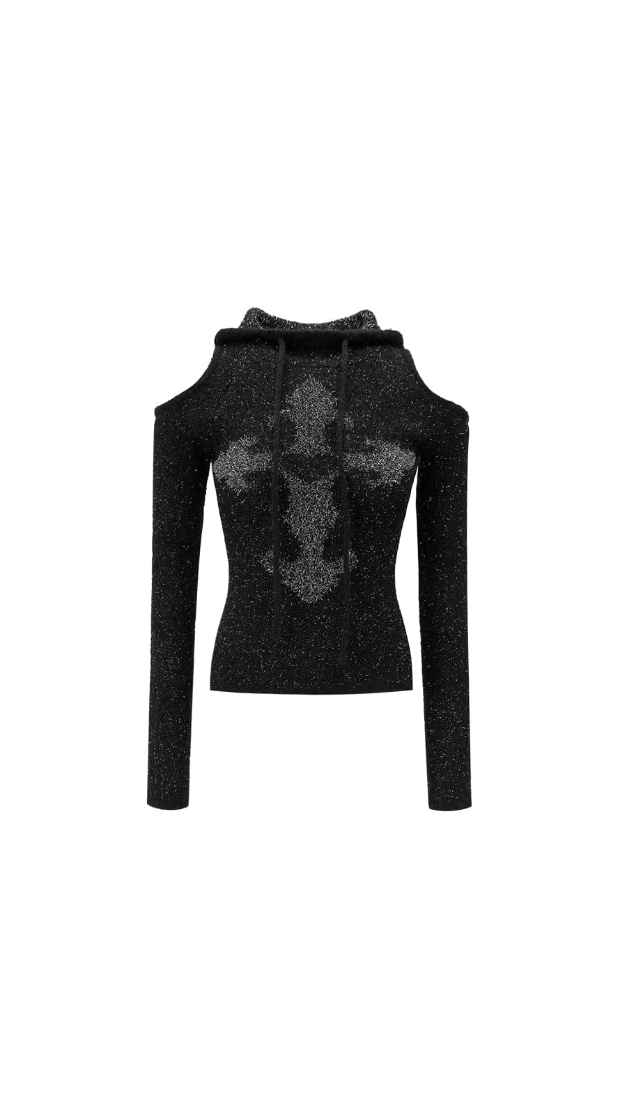 1Jinn Sweet-Cool Mohair Off-Shoulder Knit Top With Hood And Cross Design - chiclara