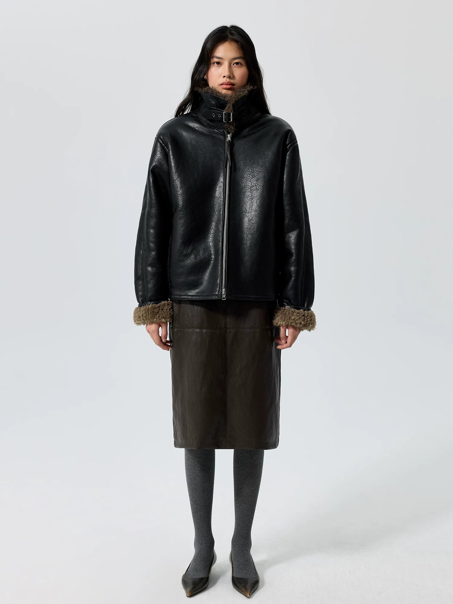 Oversized Faux Leather Jacket with Shearling Collar
