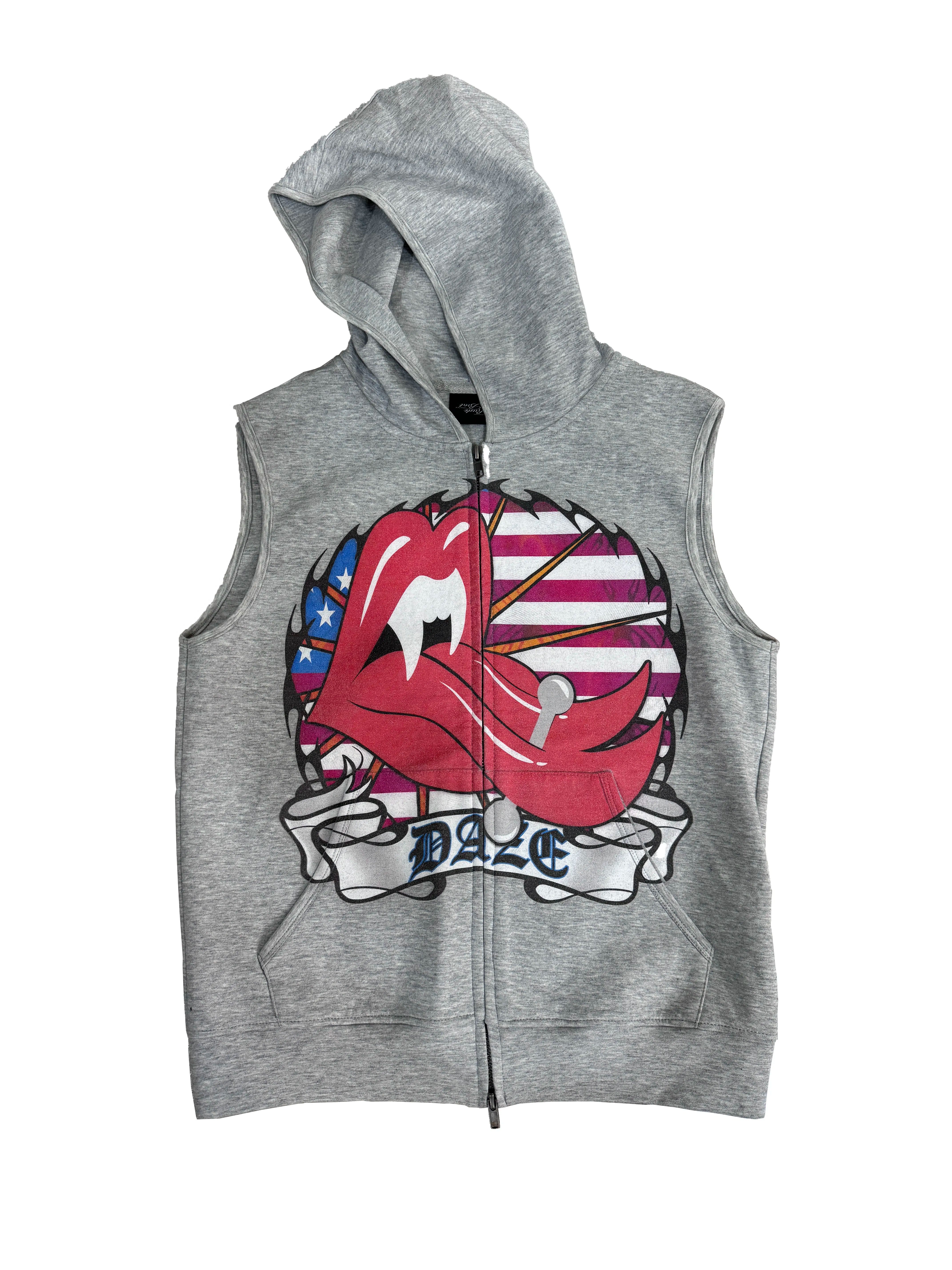 Daze Americana Lips Sleeveless Hoodie Vest
