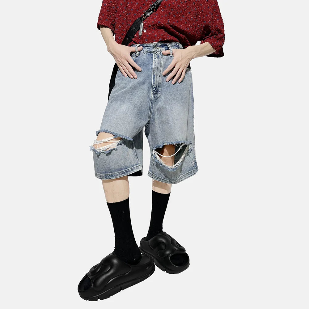 Distressed Light Wash Denim Bermuda Shorts