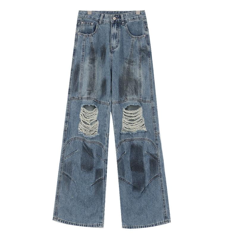 Vintage Distressed And Dirt-Dyed Patchwork Wide-Leg Jeans - chiclara