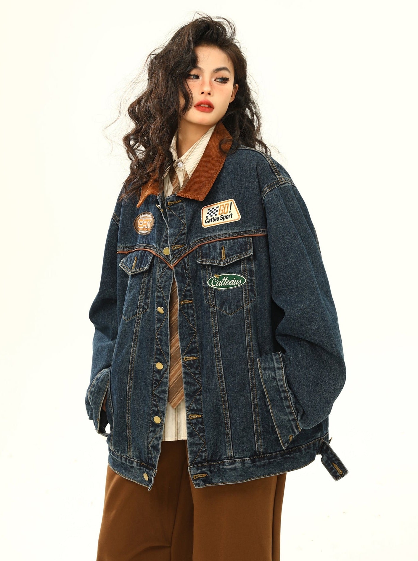 Racing Patch Denim Jacket with Corduroy Collar