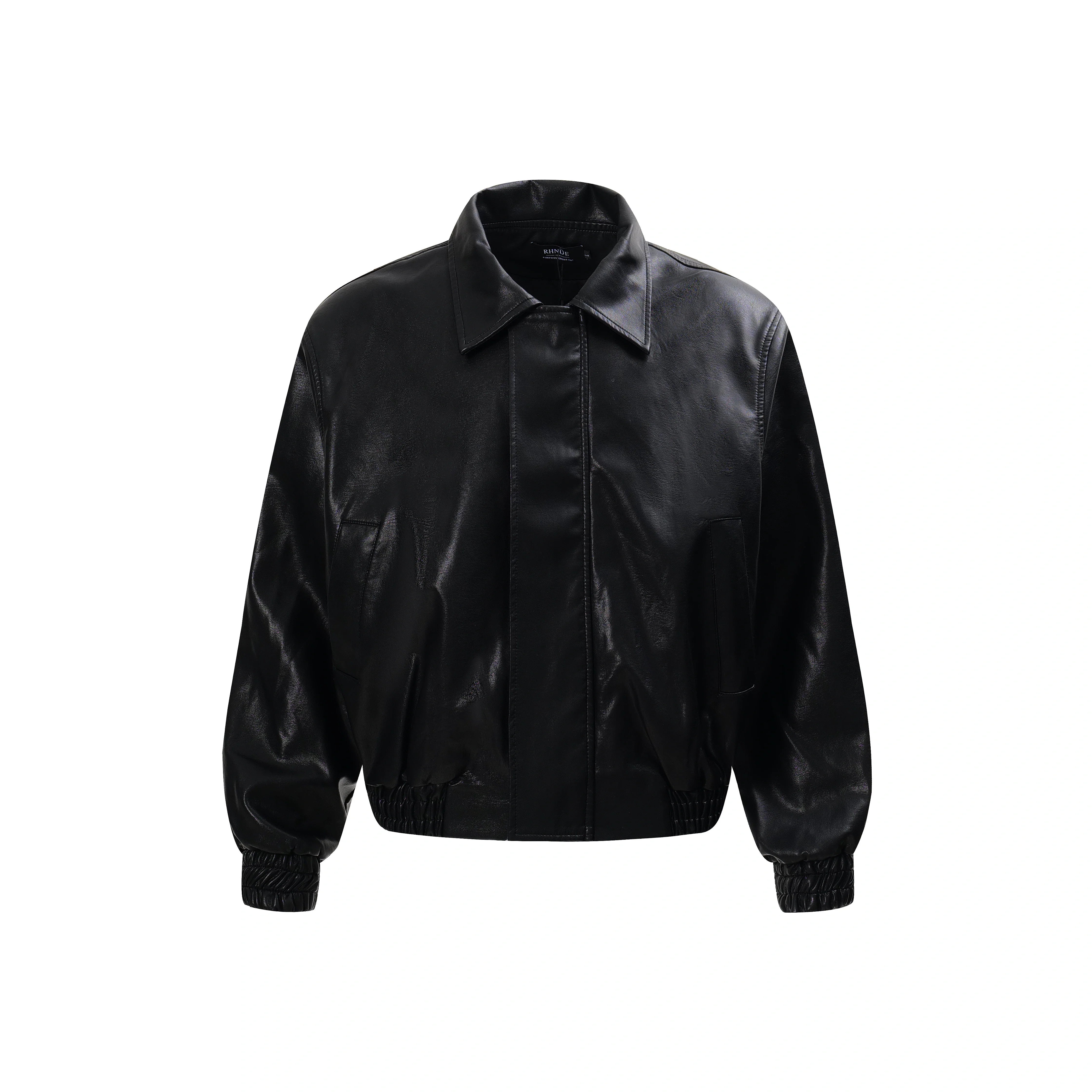 Black Faux PU Leather Bomber Jacket